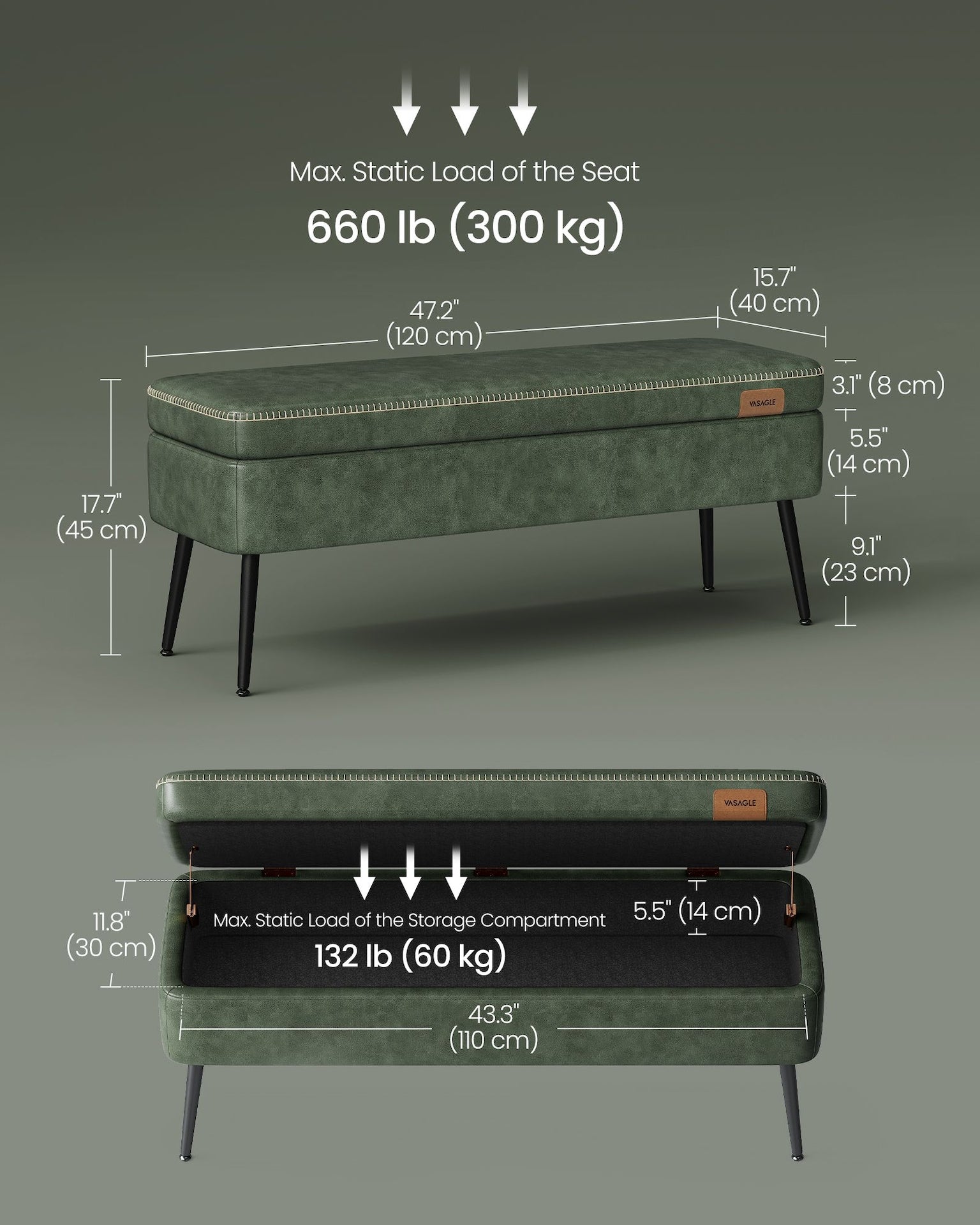Songmics Home Modern Forest Green Ottoman Storage Bench