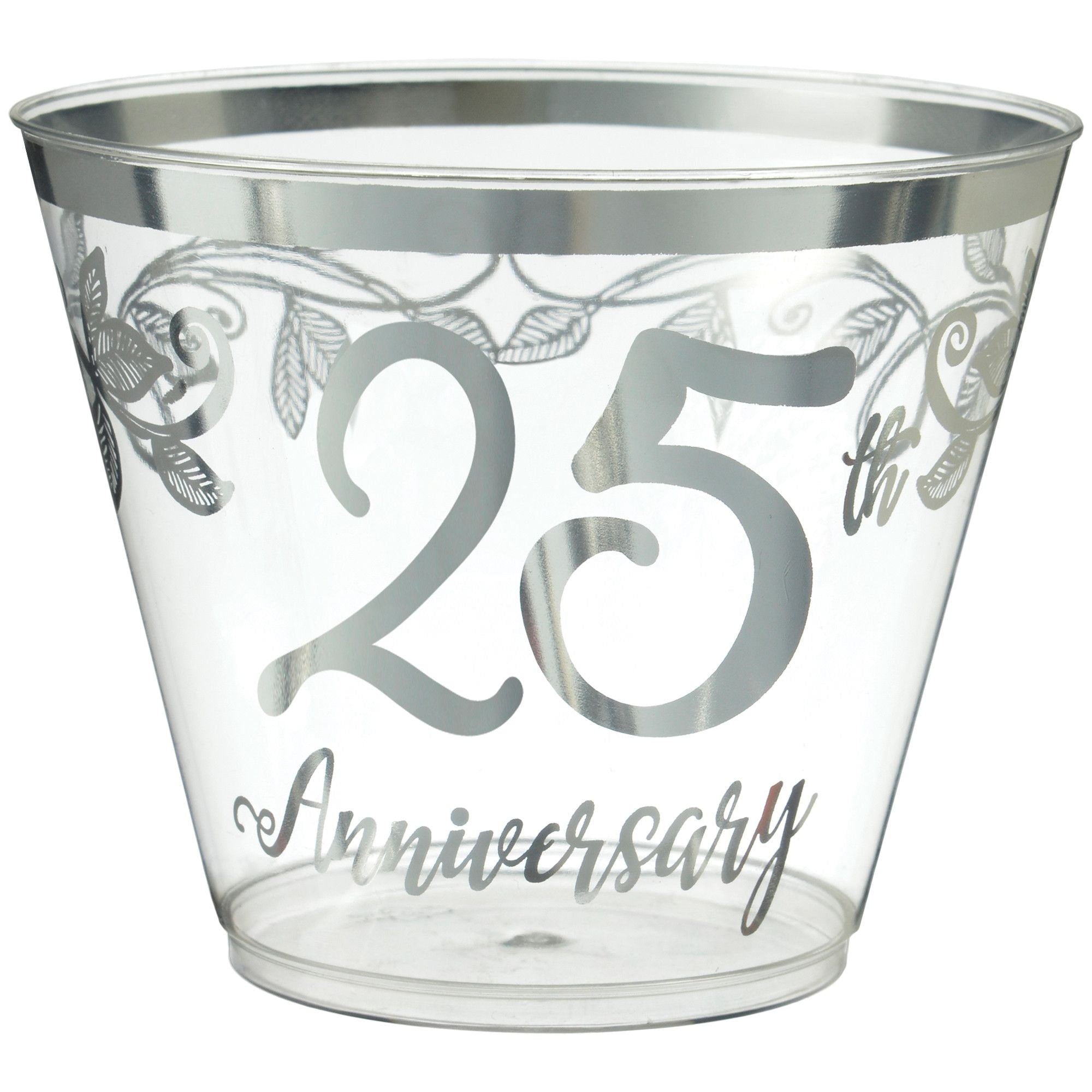 "25th Anniversary" Bordered Trimmed Plastic Reusable Tumbler Cups, Clear/Silver, 9-oz, 30-pk, for Anniversary Party