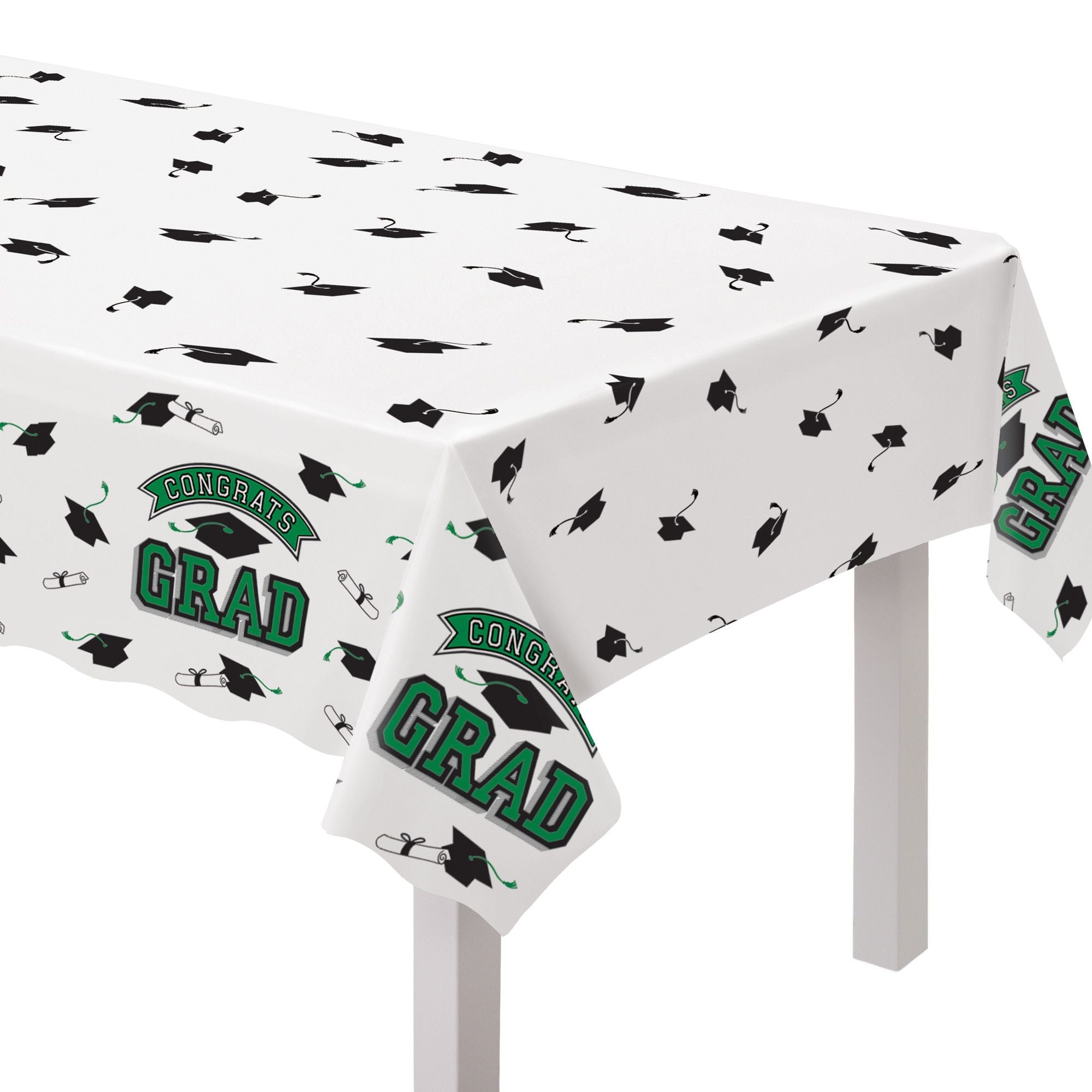 True to Your School "Congrats Grad" Rectangle Plastic Reusable Table Cover, Green, 54x84-in, for Graduation